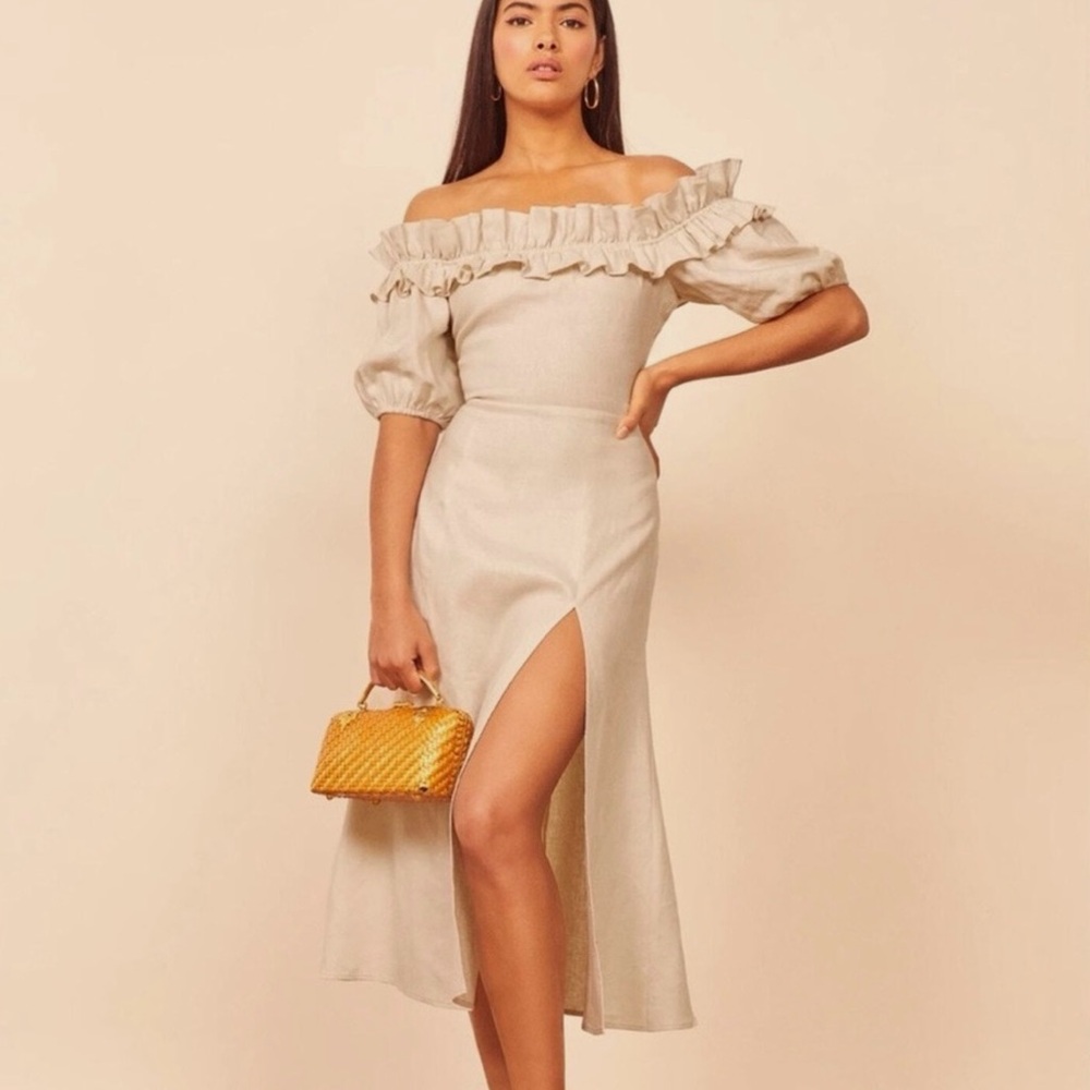 Reformation Off-Shoulder Beige Midi Dress